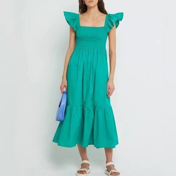 OPT Green Smocked Tiered Ruffle Sleeve Tuscany Midi Dress Size Large